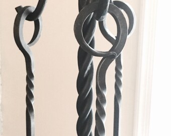 Iron Forged Rustic Fireside Tool Set, Fire Tools, Fireplace Tools, Fire Poker, Fire Broom, Woodburner, Fireplace Set, Blacksmith, Woodstove