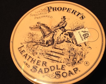 Propert's Leather and Saddle Soap Tin, "The Best Leather Cleanser and Softener Known", 1950's Steeple Chase Equestrian Graphics with Key.