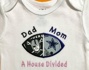 Personalized House Divided Baby Football Bodysuit, Shirt, Burp Cloth or Bib - You Choose ANY TEAMS - College and NFL Dallas Cowboys Raiders