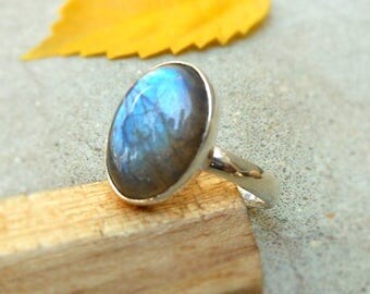 Natural Labradorite Ring Silver Ring Blue Fire Labradorite Stone Labradorite Oval cabochon Unique Ring One of Kind Labradorite Ring Size 8.5
