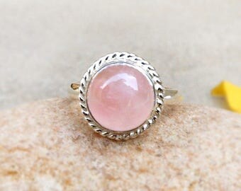 Natural Rose Quartz Ring Pink Stone Round Cab 925 Solid Silver Ring Gemstone Jewelry Christmas Gifts Stacking Ring Size 4 5 6 7 8 9 10 11