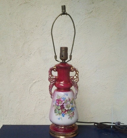 Worrall Antique Table Lamp Signed 1940s Ruby Red Rose