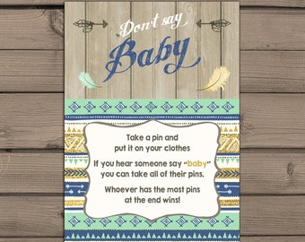 Dont say baby game cards Instant download Tribal Baby Shower game cards Blue Navy Gold mint Wood Rustic Baby Shower Digital PRINTABLE DIY
