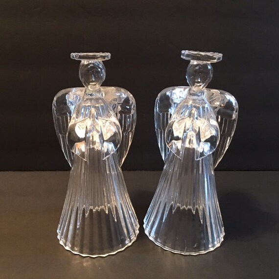 Vintage Glass Angel Candle Holders Set of Two Tall Heavy Glass