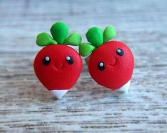 Food Jewelry Radish Earrings, Miniature Food Earrings, Emo Stud Earrings, Mini Food, Vegetarian Gifts, Red Earrings, Vegetable Jewelry, Fimo
