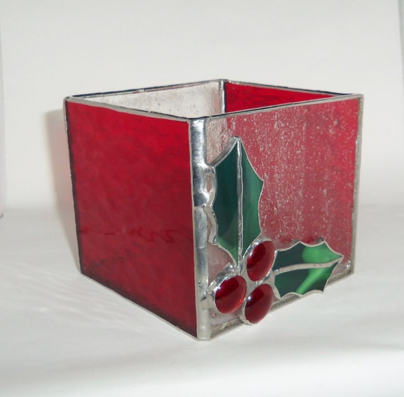 Holiday Candle Holder Stained Glass Holly And Berries 3624