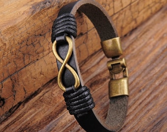 Black Leather Bracelet, Infinity Bracelet, Mens Infinity Bracelet, Mens Gift, Mens Jewelry, Fathers Day Gift JLA-86
