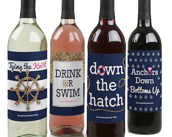 Bachelorette Party Wine Bottle Labels - Personalized Last Sail Before The Veil Wine Sticker Labels - 4 Nautical Bridal Shower Wine Labels