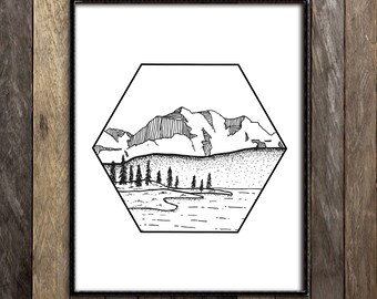 Mountain Print, Mountain Art, Illustration Print, Forest Print, Line Drawing, Ink Drawing, Black and White Wall Art Print Landscape Sketches