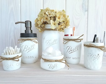 6 pc mason jar bathroom set. White bathroom set.