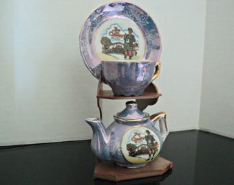 Miniature Tea Pot,Cup and Saucer Souvenir Busch Gardens, Williamsburg,VA Colonial Blue White Maple Leaves and Gold Trim Mother's Day Gift