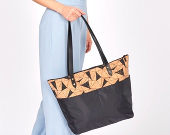 Large Black Tote, Zippered Nylon Purse, Cork and Leather Bag, Black Oversize Tote, Multi Pocket Tote, Work Bag, Baby Tote, Travel Tote