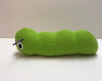 Small stuffed green worm toy, stuffed green caterpillar