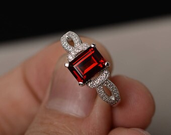 Red Garnet Ring Emerald Cut Engagement Ring Anniversary Gift Silver Gemstone Ring