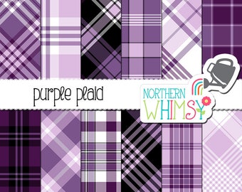 Purple Digital Paper - plaid in purple, lavender, black & white - diagonal and seamless patterns - tartan scrapbook paper - commercial use