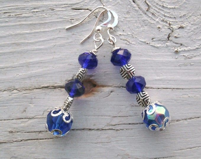 Blue and silver Earrings, Blue AB Crystal beads and deep blue crystal rondelle beads, silver bead caps and spacers, silver plated wires