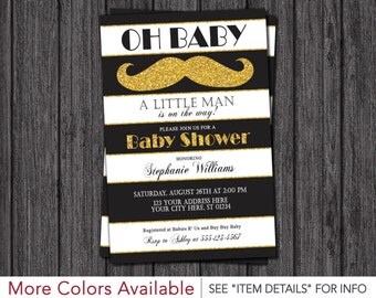 Little Man Baby Shower Invitation - Black and White Stripes, Mustache, Gold Glitter, Boys, Baby Sprinkle, Tuxedo, Classy