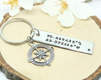 Personalize Keychain, Coordinates Keychain, Compass charm, Best Friends, Gift Idea, Gift for him, for Dad, Father's day, Anniversary gift.