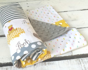 Winnie the Pooh Baby Bedding, Baby Blanket, Gender Neutral Baby Blanket, Hunny Pot, Bumble Bee Blanket, Yellow and Gray, Baby Shower Gift