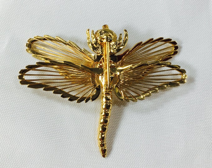 Storewide 25% Off SALE Vintage Gold Tone Monet Open Winged Dragonfly Designer Brooch Pin Featuring Elegant High Gloss Finish