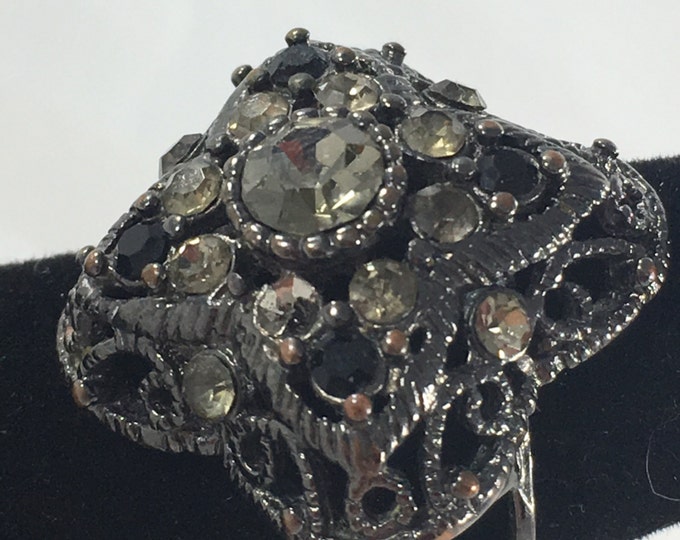 Storewide 25% Off SALE Vintage Black Filigree Rhinestone Designer Cocktail Ring Featuring Clear & Black Stone Accents