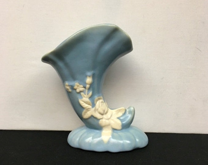 Storewide 25% Off SALE Antique Baby Blue Weller Cornucopia Pottery Vase Featuring White Raised Floral Designs