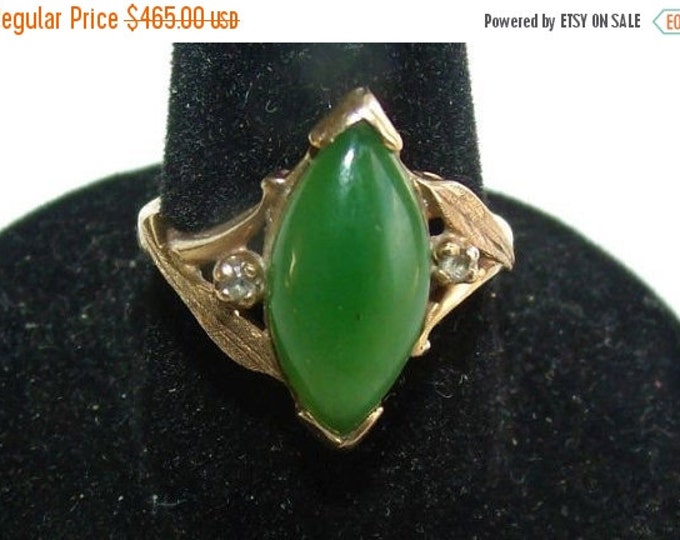 Storewide 25% Off SALE Vintage Solid 10k Gold Elongated Green Jade Oval Cocktail Ring Featuring Clear Baguette Diamond Accents