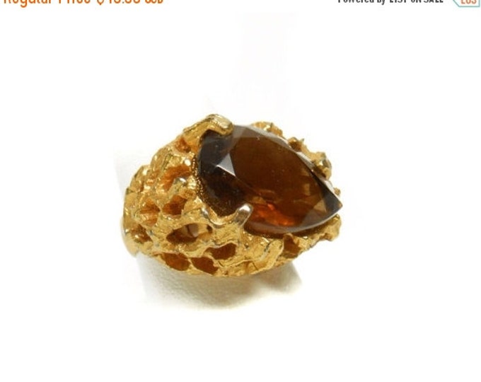 Storewide 25% Off SALE Vintage Gold Tone Brown Topaz Rhinestone Adjustable Designer Cocktail Ring Featuring Sea Coral Style Design