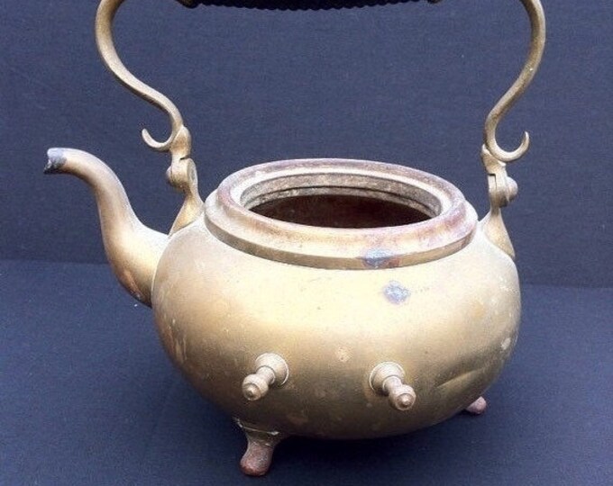 Storewide 25% Off SALE Vintage Distressed Copper Footed Tea Kettle Featuring Matching Copper Handle With Black Handled Grip