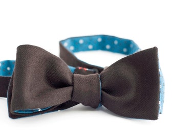 Brown chocolate solid wool & blue foulard cotton bow tie - double sided