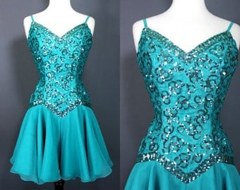 80's Prom Dress.....80's Teal Sequined Skater Length Prom Dress Party Dress