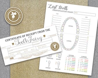 INSTANT DOWNLOAD Tooth Fairy Kit, Tooth Fairy Receipts, Tooth Fairy lost tooth certificate, Missing Tooth Chart, Digital Download