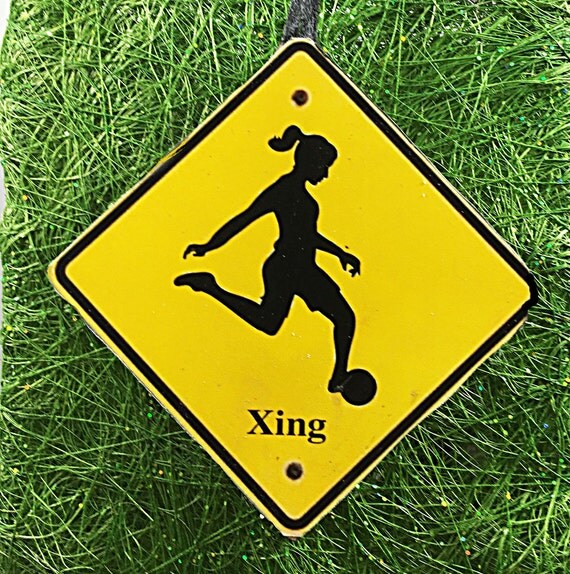 girl soccer player crossing sign ornament handcrafted wood snowmobile christmas ornament