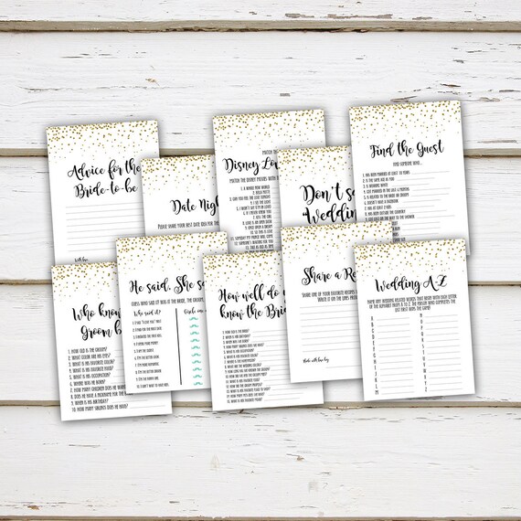 Printable Bridal Shower Game Bundle, Disney Love Songs, Digital Download, He Said She Said, Gold Confetti, Game Package, Simple, MB003 Il_570xn