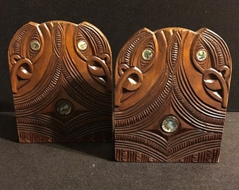 Vintage Craved Wood and Abalone Bookends Maori South Pacific Design