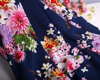 Navy Blue Rayon Floral Fabric Rayon Challis by the yard