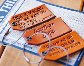 Custom Leather Luggage Tags w Black Metal Cable & Grommet - Saddle Tan Color - Unique Font - Burnished Edges - Great As Unique Gifts/Favors