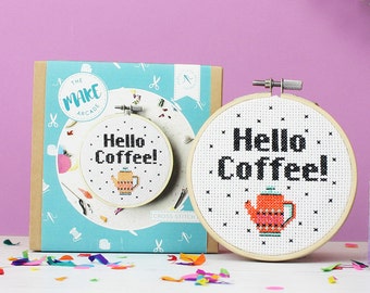 Hello coffee, cross stitch kit, modern cross stitch, cross stitch pattern, gifts for her, coffee lover- cross stitch kit- funny gifts