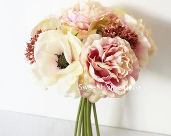 JennysFlower Shop 10'' Blooming Peony and Anemone Silk Artificial Wedding Bridal Bouquet/ Home Flower(Pink/Cream)