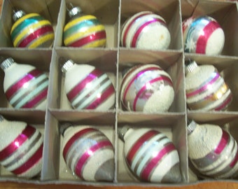 Twelve Mica Shiny Brite Christmas Ornaments