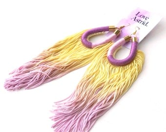 Hand dyed Ombre Yellow Purple Tassel Earrings, Maxi Earrings Statement Jewelry For Her, Extra Long Fringe Earrings for Boho Chic / T-BOZ