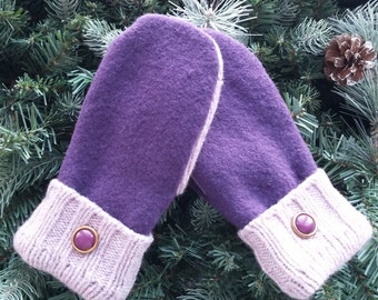 Wool Recycled Sweater Mittens, Wool Mittens, Purple Recycled Sweater Mittens, Wool Sweater Mittens - RSM000138