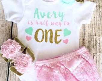 Personalised Half Birthday Outfit - Bodysuit, Headband, Barefoot Sandals, Bloomers - Photoshoot, Baby Girl 6 Month Gift
