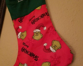 Dr Seuss Grinch Personalized Christmas Stocking, grinch embroidered stocking, unisex stocking, merry grinchmas stocking stuffers holidays