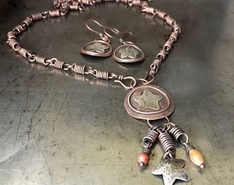 Mixed metal rustic necklace and earrings set, star design, handmade coil chain