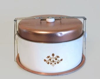 Vintage White & Copper Colored Metal Cake/Pie Carrier With Locking Lid - Vintage Cake Carriers, Cake Covers, Pie Keeper