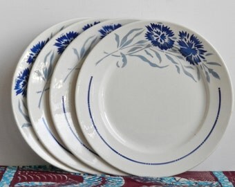Badonviller Ensemble de 4 assiettes plates Modèle François décor fleurs bleues