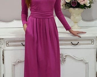 Dusky Pink Maxi Dress Long Sleeves Pockets