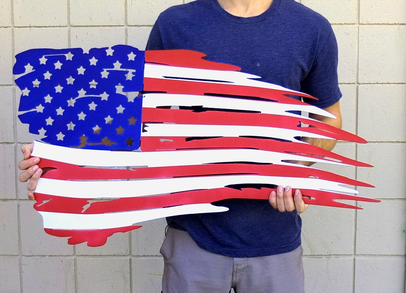 USA Tattered Torn Flag Plasma Cut Steel RAW or COLOR American