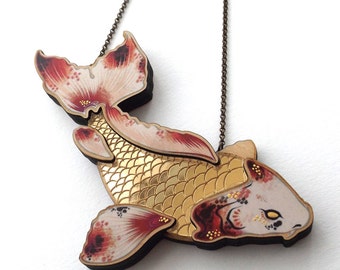 Laser Cut Gold Japanese Koi Carp Fish Statement Necklace - layered wood and gold acrylic - Koi Mermaid Goldfish Fish Jewellery